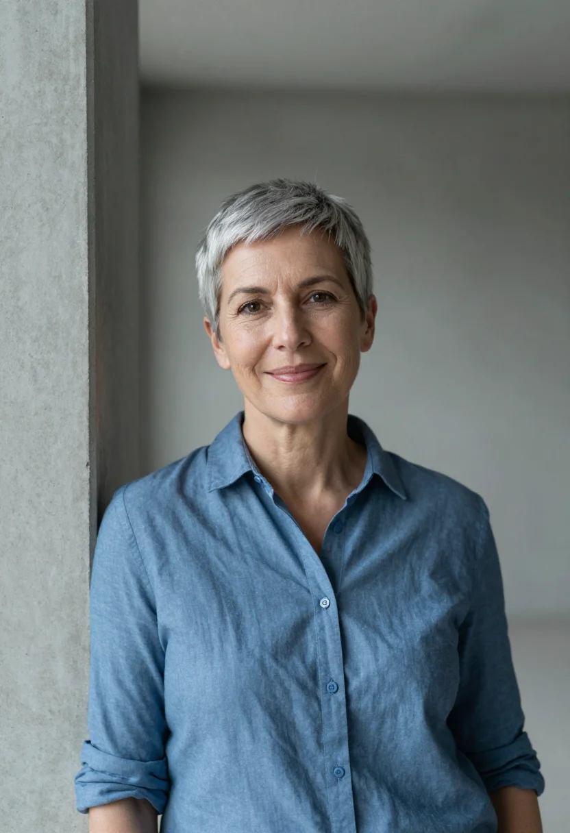 AI loft industrial headshot sample — a head-and-shoulders frame of a woman in her fifties with fa