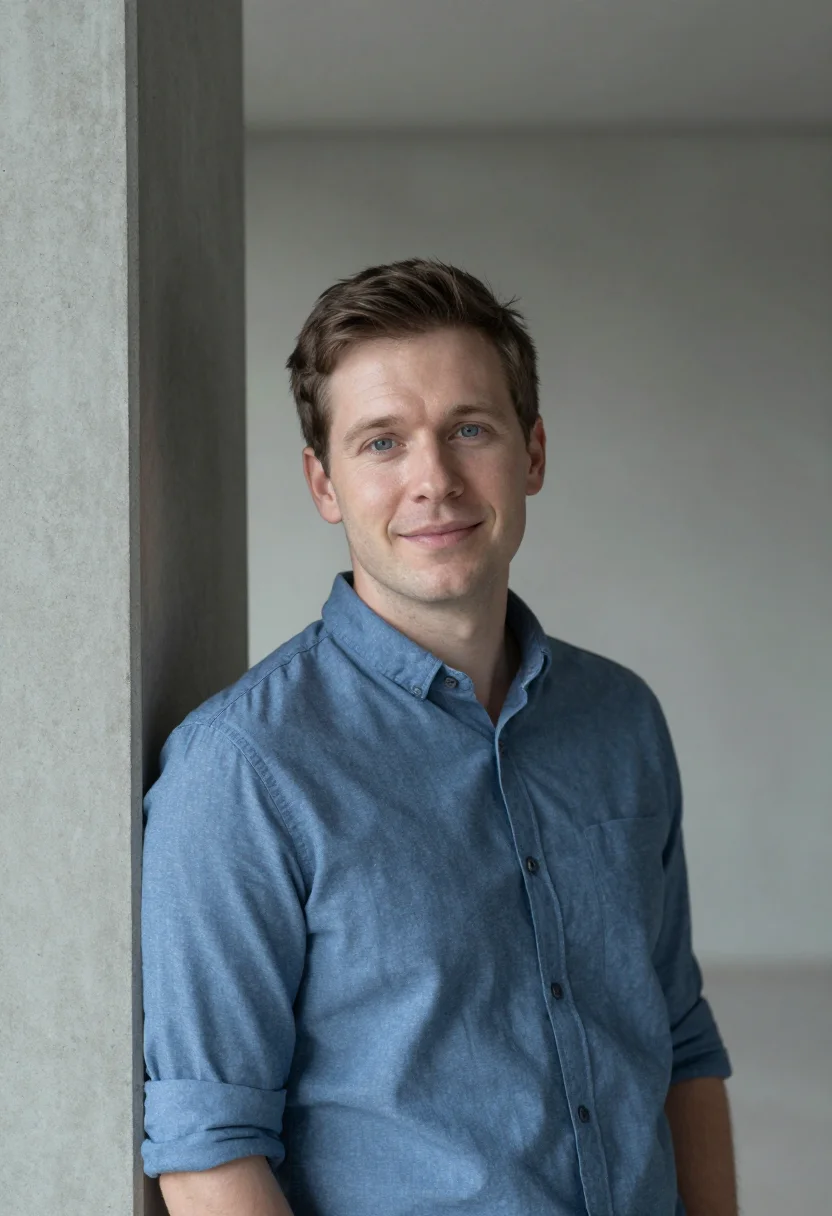 AI loft industrial headshot sample — a head-and-shoulders frame of a man in his early thirties wi