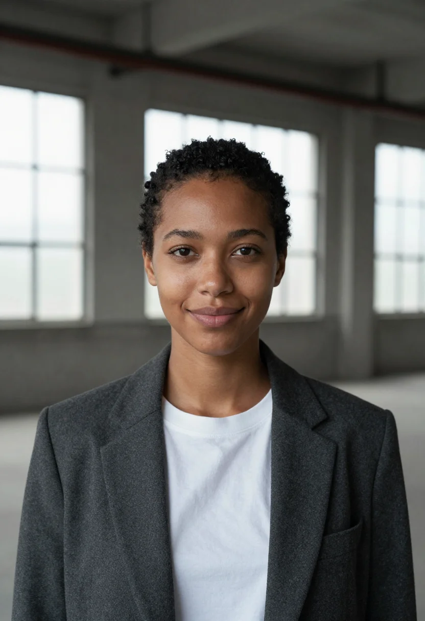 AI loft industrial headshot sample — a tight head-and-shoulders frame of a woman in her early thi