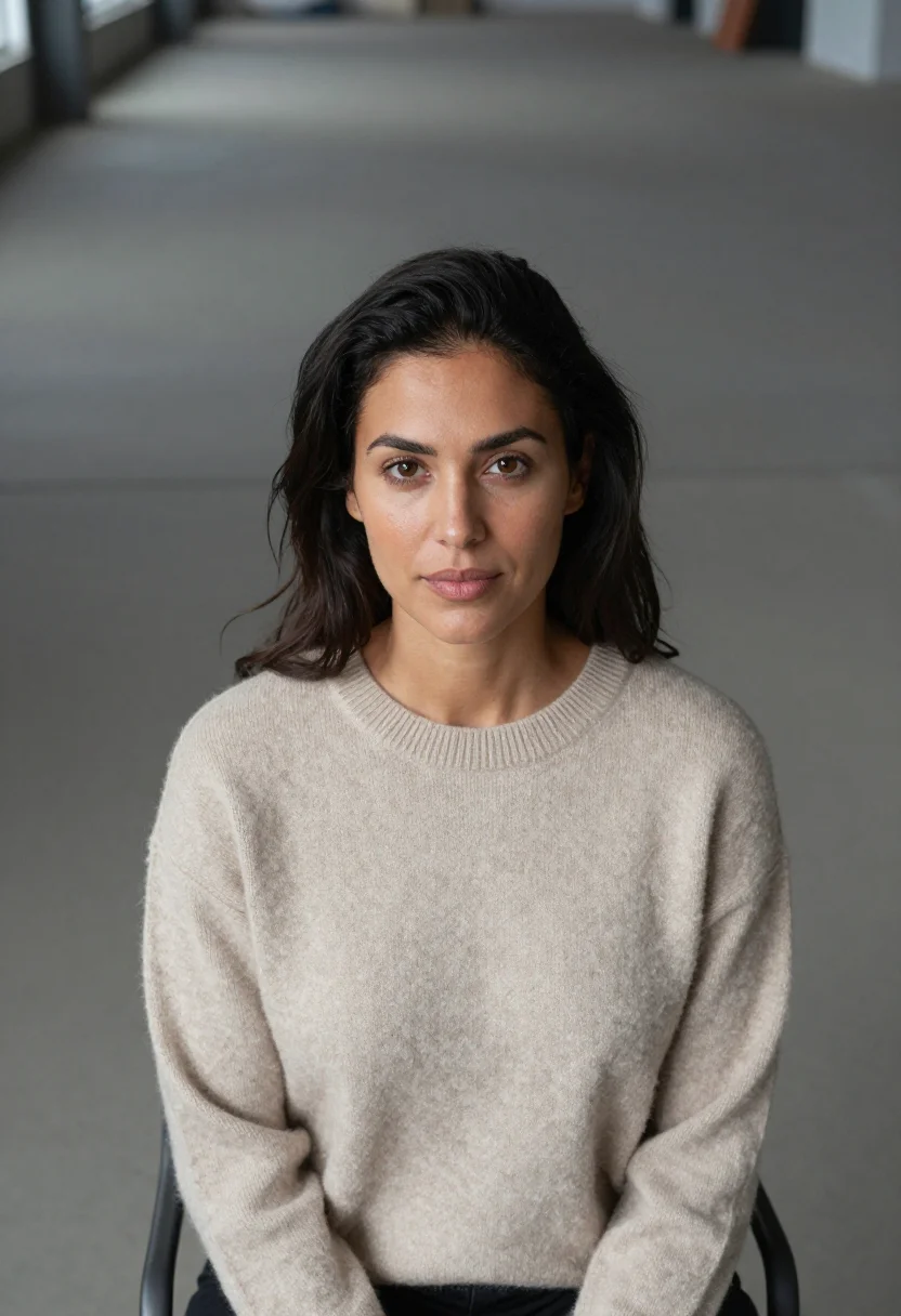 AI loft industrial headshot sample — a chest-up frame of a woman in her mid-thirties with honey-t