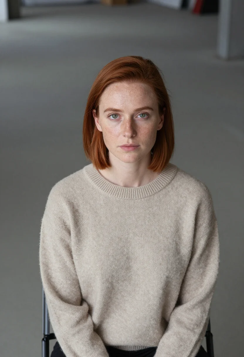 AI loft industrial headshot sample — a wide chest-up frame of a woman in her late twenties with f