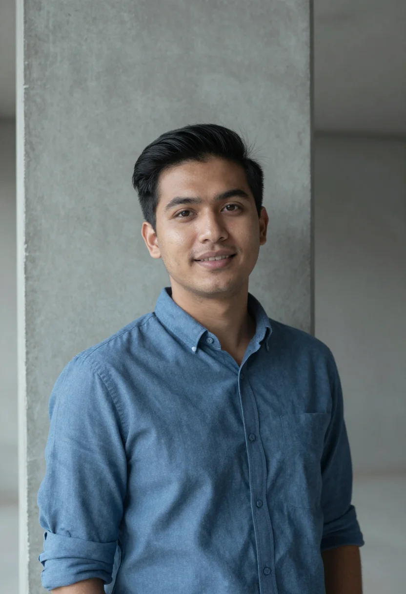 AI loft industrial headshot sample — a slightly wider head-and-shoulders frame of a man in his la