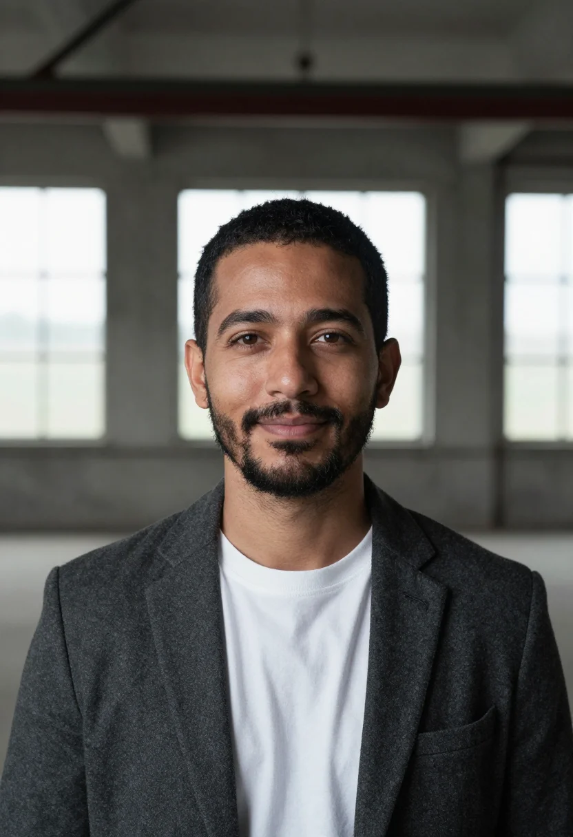 AI loft industrial headshot sample — a head-and-shoulders frame of a man in his forties with warm