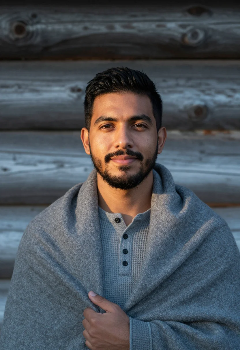 AI log cabin grey sample — portrait of a man, head-and-shoulders portrait of a Latin-Am