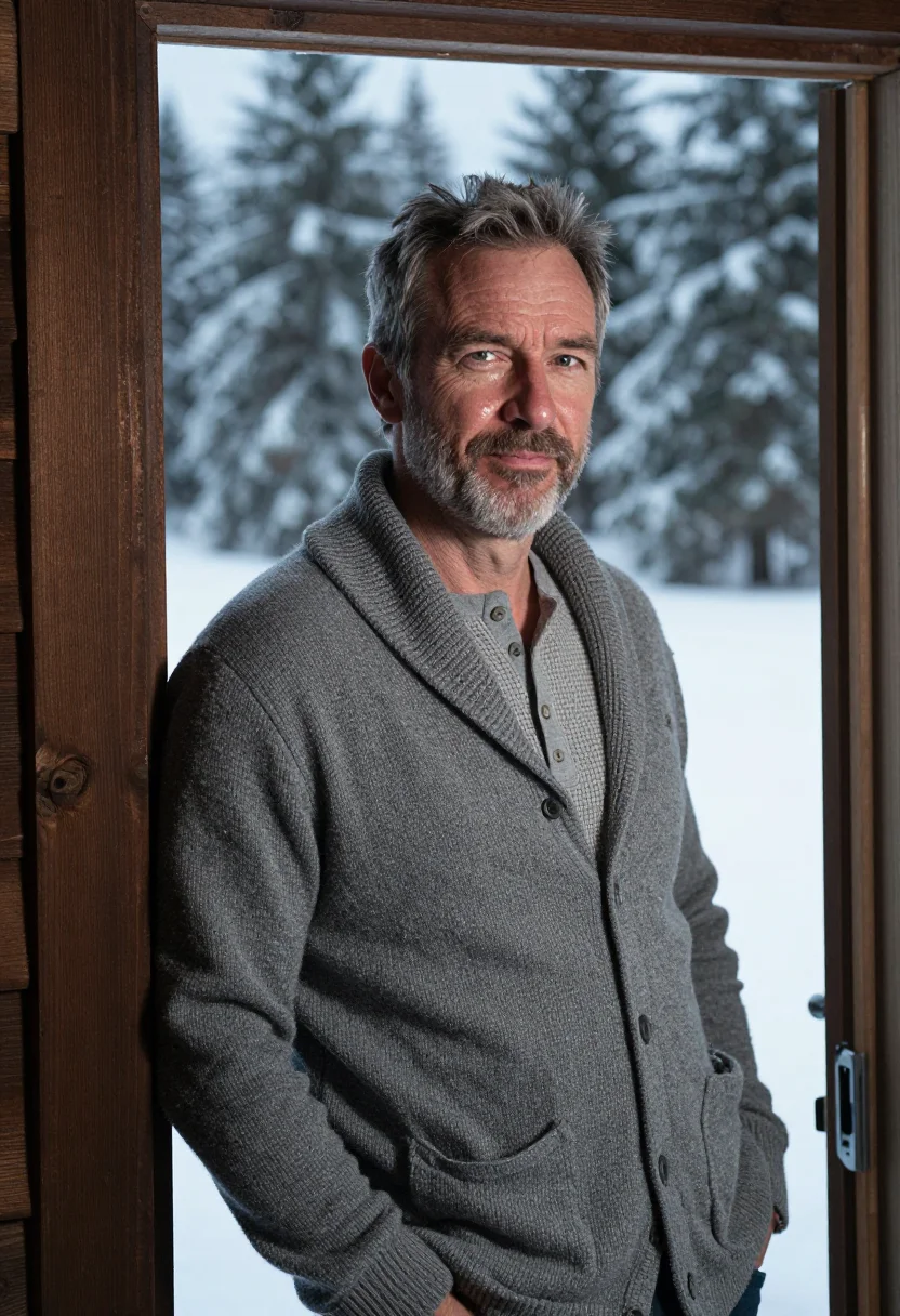 AI log cabin grey sample — portrait of a man, chest-up three-quarter portrait of a West