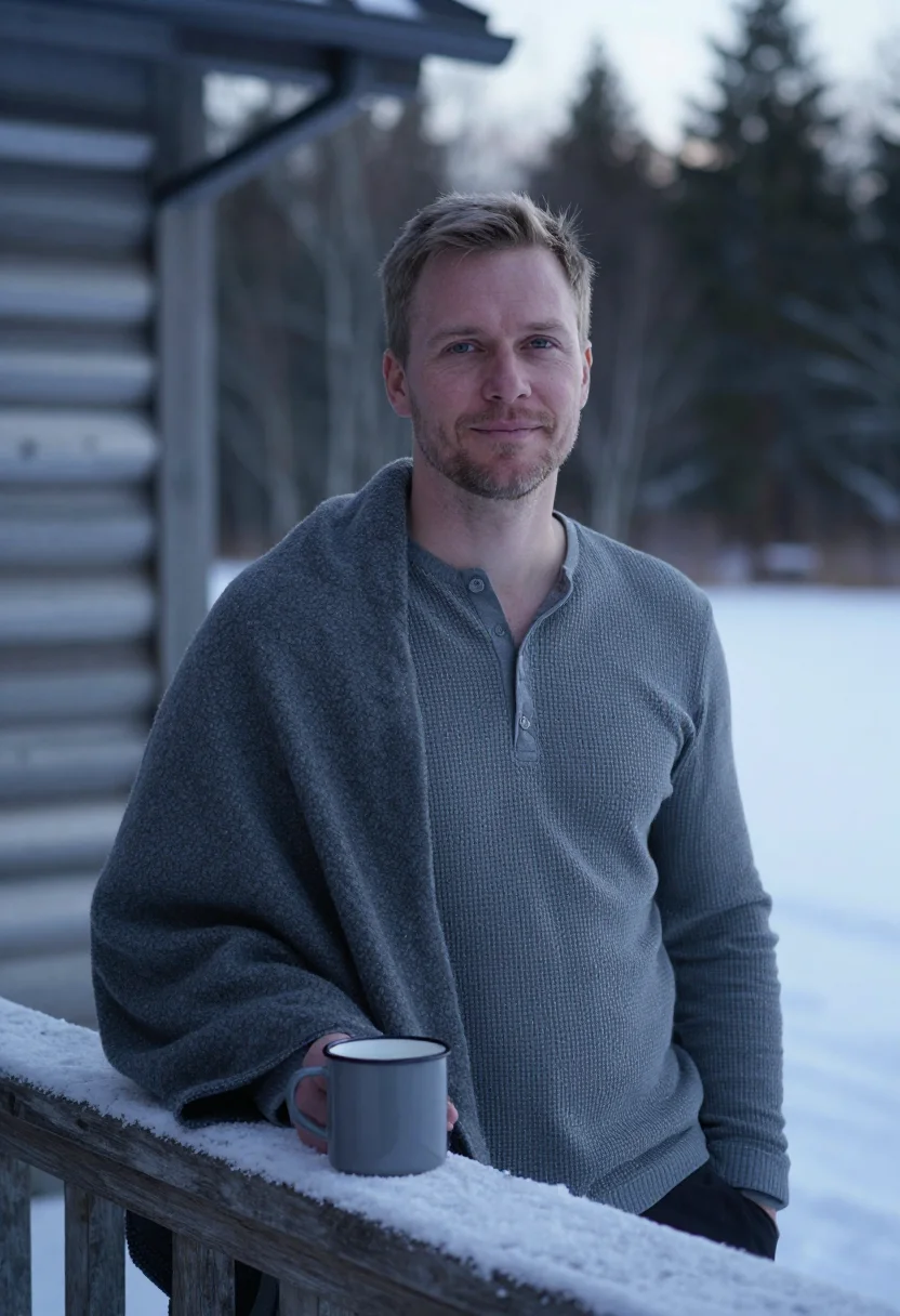 AI log cabin grey sample — portrait of a man, chest-up three-quarter portrait of a Nort
