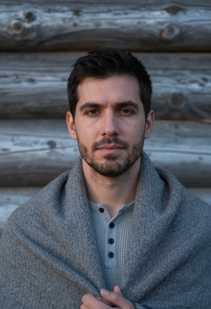 AI log cabin grey sample — portrait of a man, tight headshot of a Western-European man