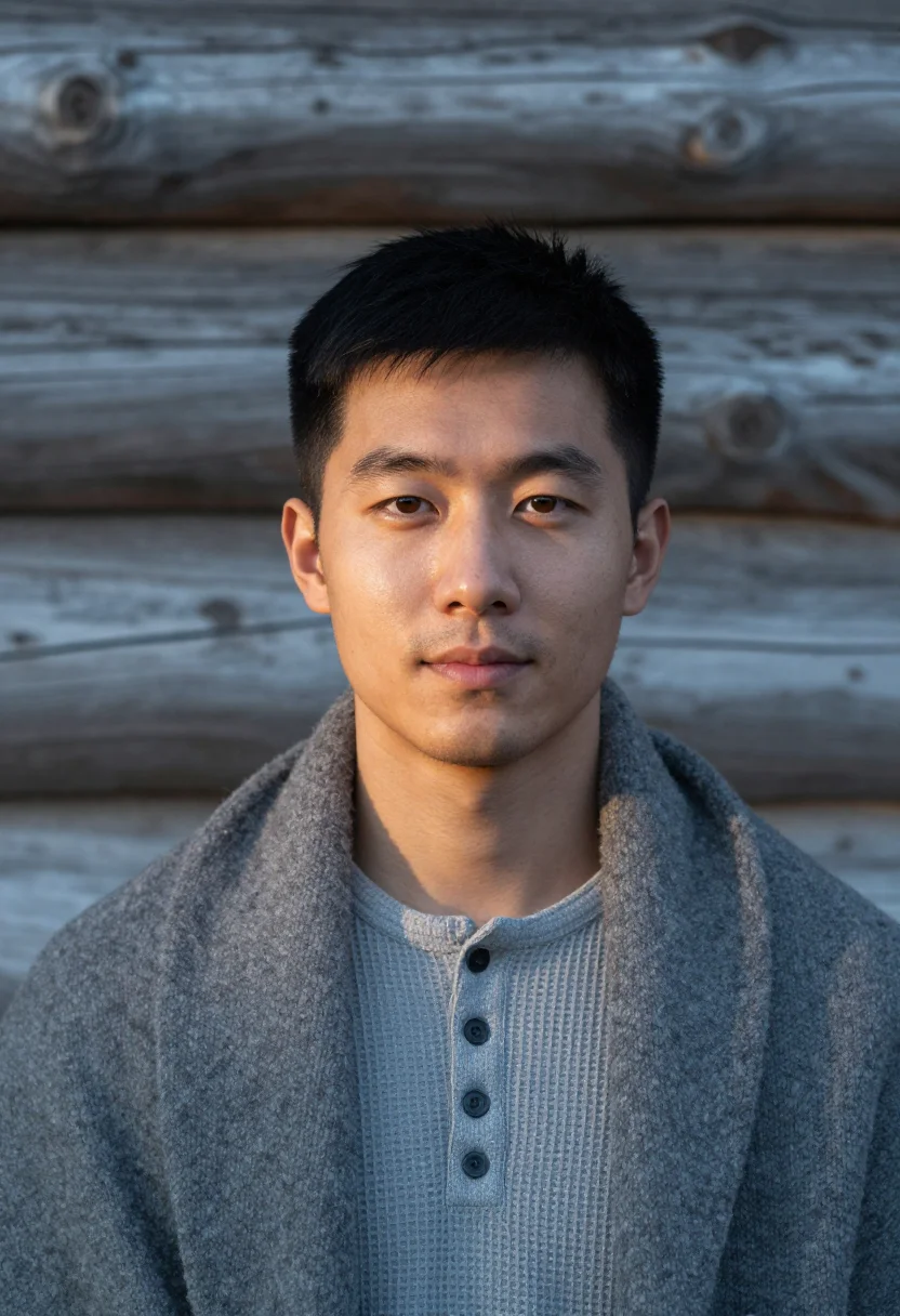 AI log cabin grey sample — portrait of a man, tight headshot of an East-Asian man in hi