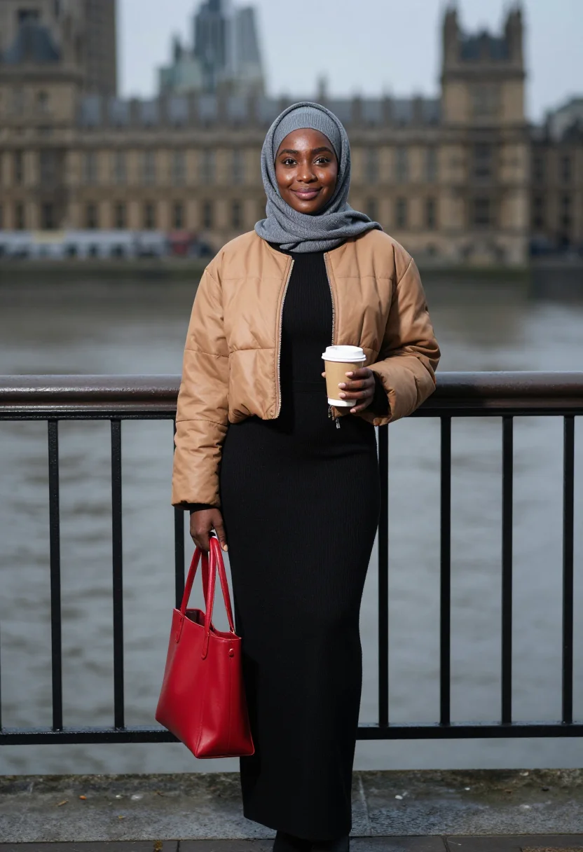AI london modest week sample — portrait of a woman, full-length portrait of a British-Somal