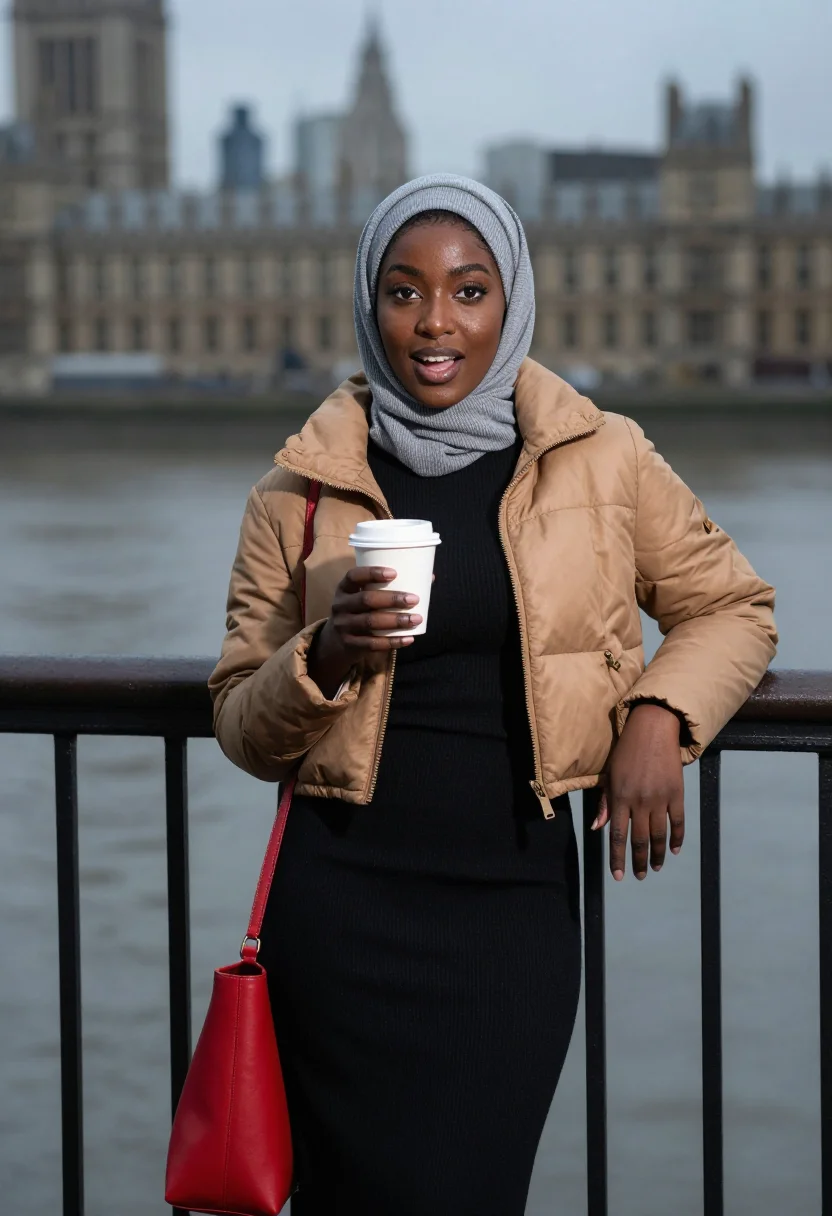AI london modest week sample — portrait of a woman, three-quarter-length portrait of a Brit