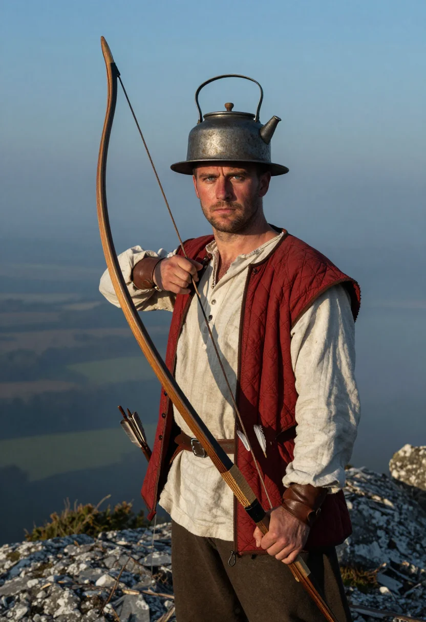 AI longbowman sample — portrait of a man, chest-up portrait of an English yeoman in