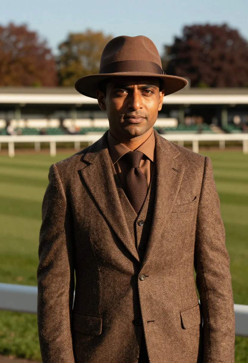 AI longchamp racegoer tweed brown sample — portrait of a man, chest-up portrait of a British-Indian man