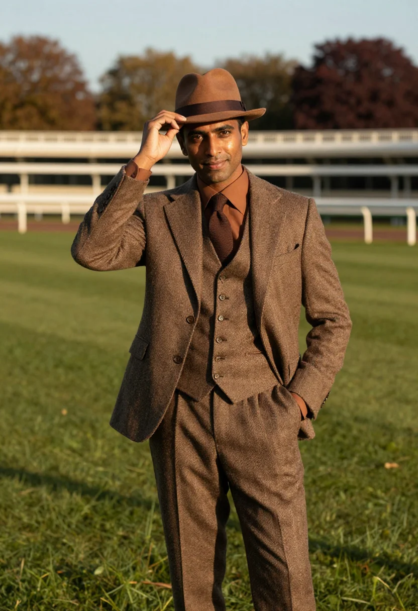 AI longchamp racegoer tweed brown sample — portrait of a man, three-quarter-length portrait of a Britis
