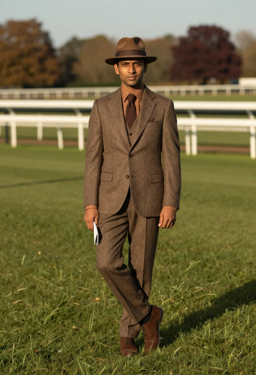 AI longchamp racegoer tweed brown sample — portrait of a man, full-length portrait of a British-Indian