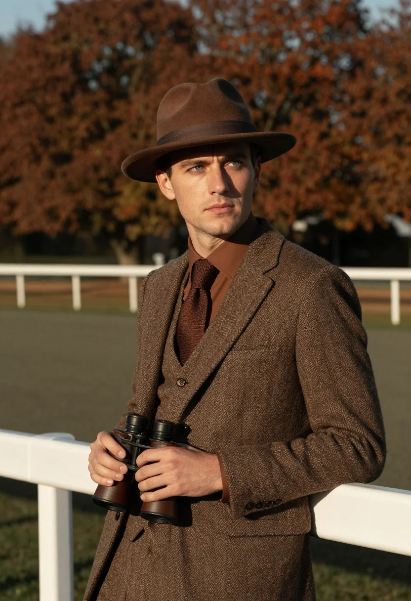AI longchamp racegoer tweed brown sample — portrait of a man, half-length portrait of a Western-Europea
