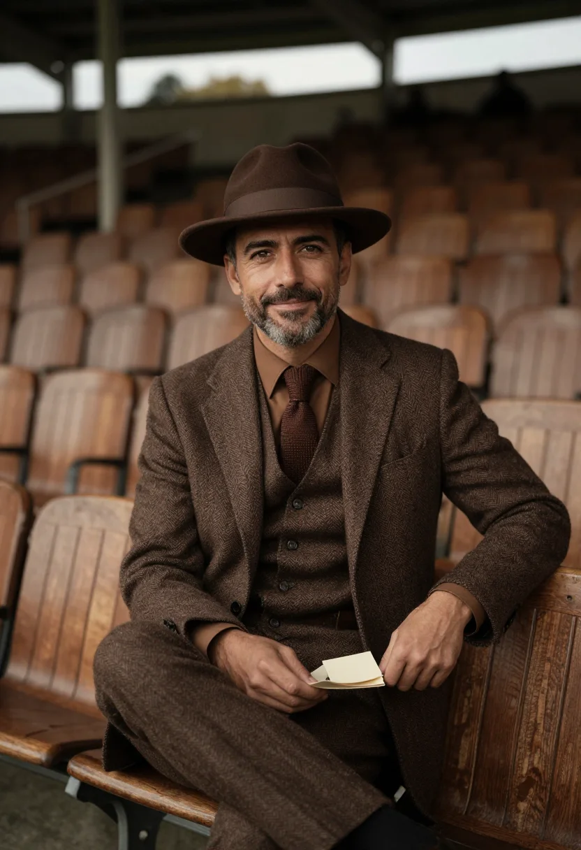 AI longchamp racegoer tweed brown sample — portrait of a man, half-length portrait of a Western-Europea