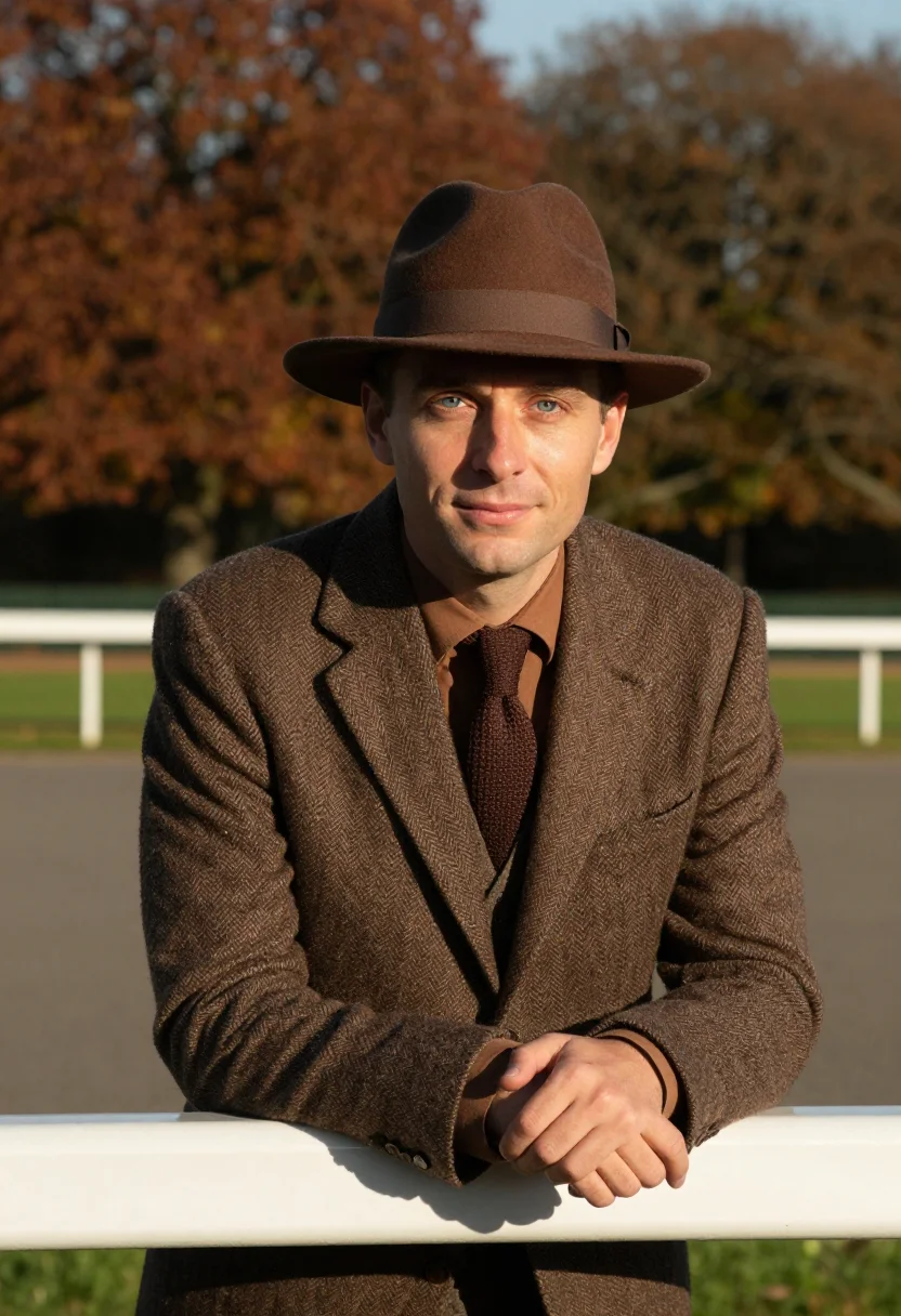 AI longchamp racegoer tweed brown sample — portrait of a man, chest-up portrait of a Western-European m