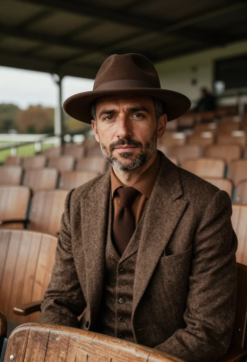 AI longchamp racegoer tweed brown sample — portrait of a man, chest-up portrait of a Western-European m