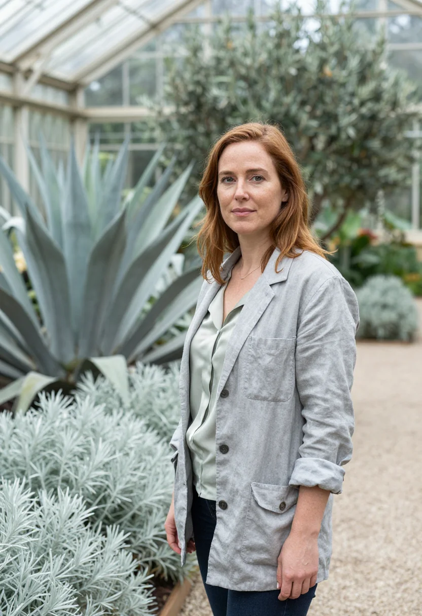 AI longwood conservatory horticulturist silver fern sample — portrait of a woman, in her late thirties, with fair freckle