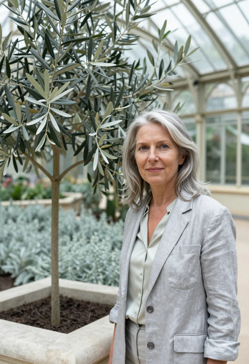 AI longwood conservatory horticulturist silver fern sample — portrait of a woman, in her fifties, with fair skin, blue ey