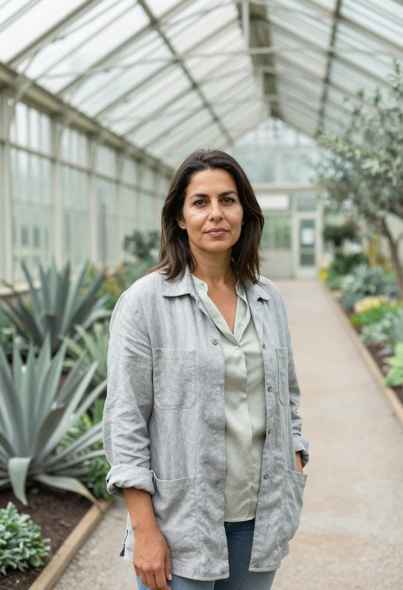 AI longwood conservatory horticulturist silver fern sample — portrait of a woman, in her forties, with warm tan skin, bro