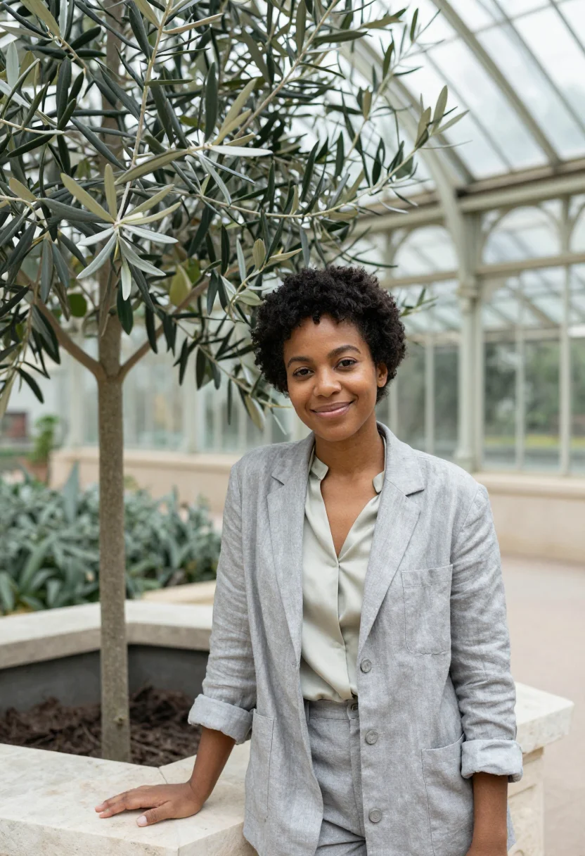 AI longwood conservatory horticulturist silver fern sample — portrait of a woman, in her late twenties, with deep brown s