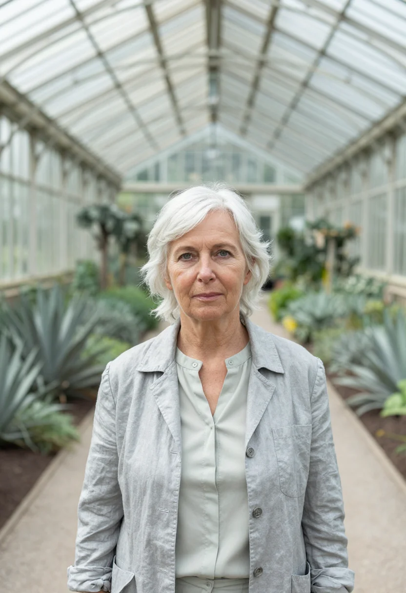 AI longwood conservatory horticulturist silver fern sample — portrait of a woman, in her sixties, with fair skin, grey ey