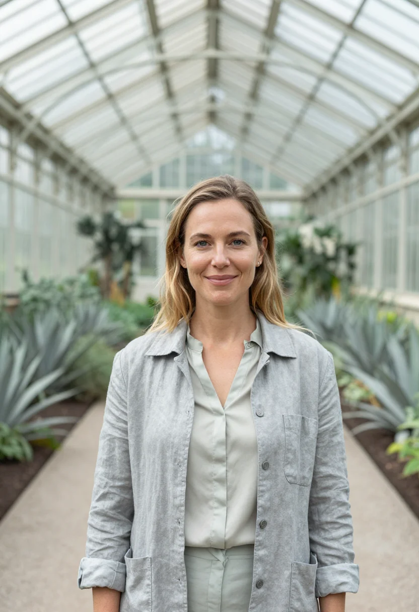 AI longwood conservatory horticulturist silver fern sample — portrait of a woman, in her early thirties, with fair skin,