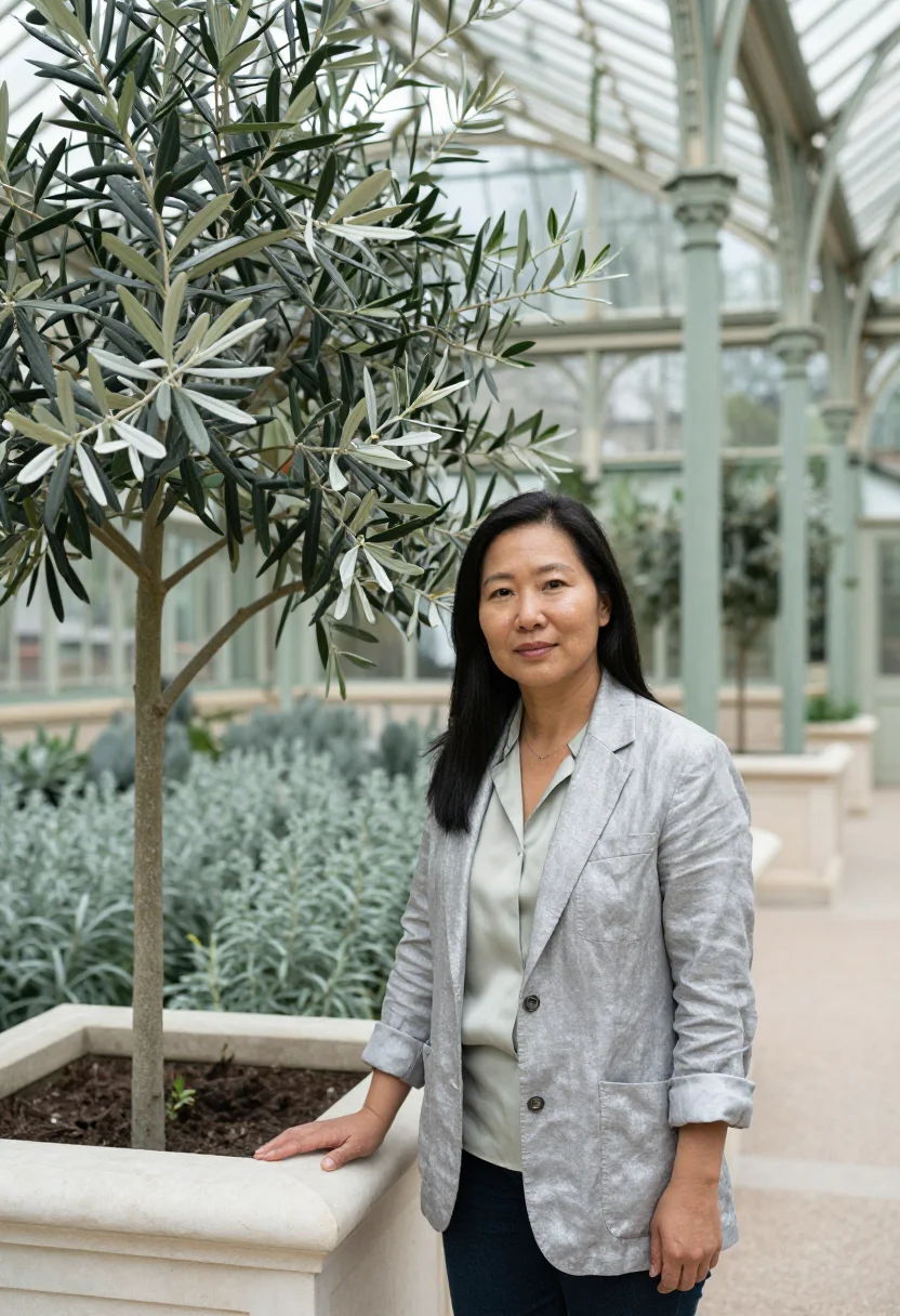 AI longwood conservatory horticulturist silver fern sample — portrait of a woman, in her mid-forties, a Korean-American h