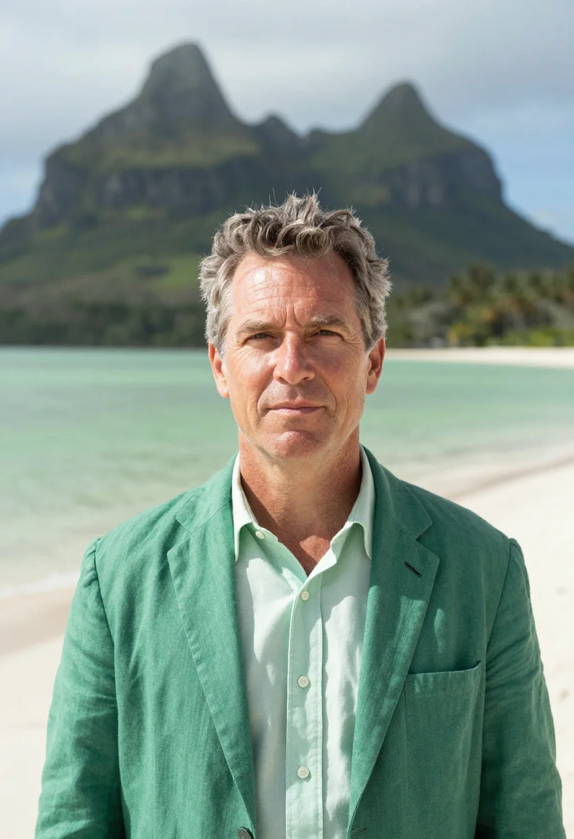 AI lord howe marine ecologist lagoon green palm sample — portrait of a man, a marine ecologist in his late forties wi