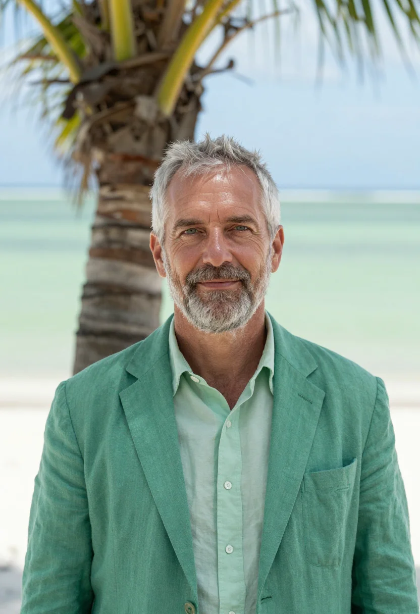 AI lord howe marine ecologist lagoon green palm sample — portrait of a man, a marine ecologist in his mid-fifties wit