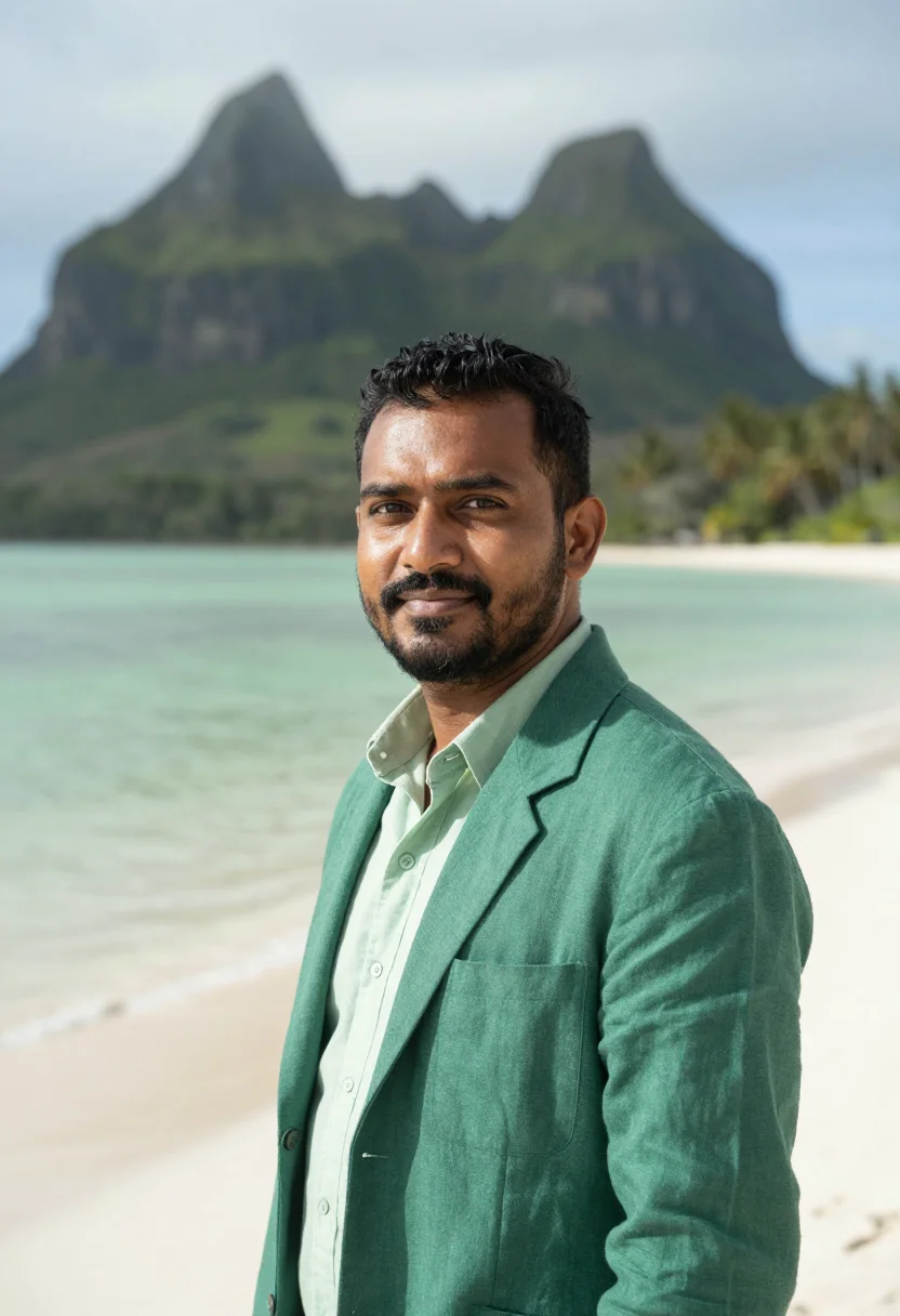 AI lord howe marine ecologist lagoon green palm sample — portrait of a man, a marine ecologist, a South-Asian man in