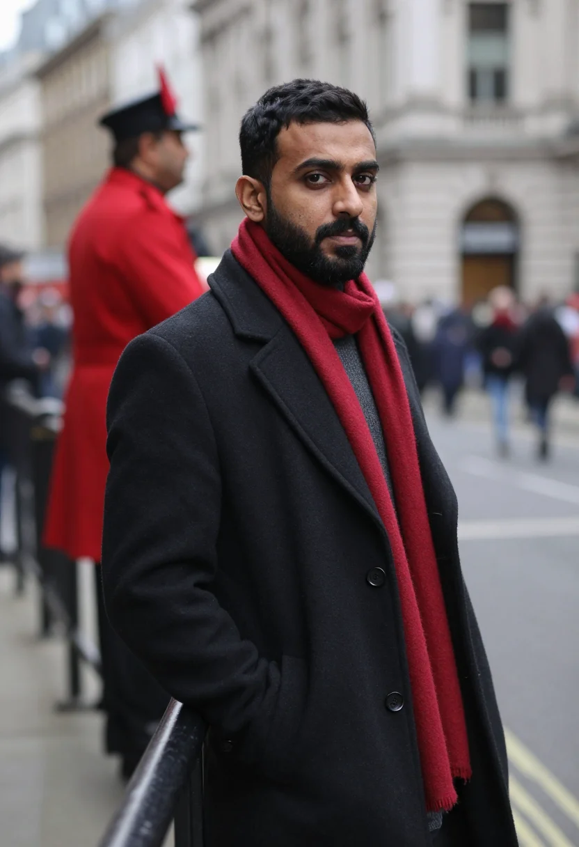 AI lord mayors show november scarlet sample — portrait of a man, framed chest-up, the camera at eye level
