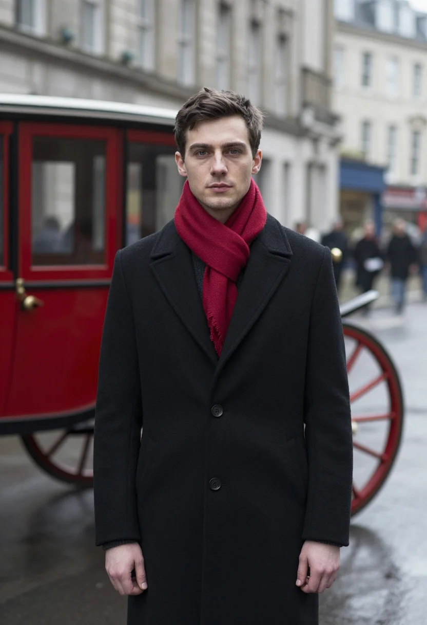 AI lord mayors show november scarlet sample — portrait of a man, framed chest-up, the camera at eye level