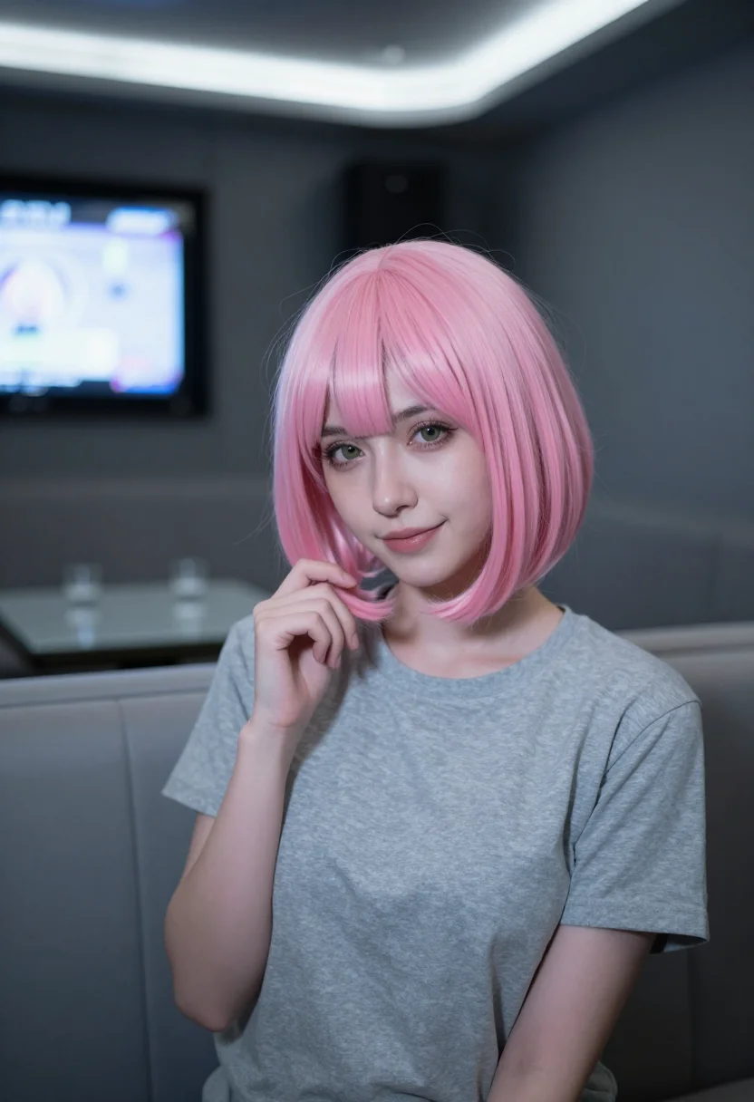AI lost in translation shibuya pink wig karaoke sample — portrait of a woman, a woman in her early thirties of French