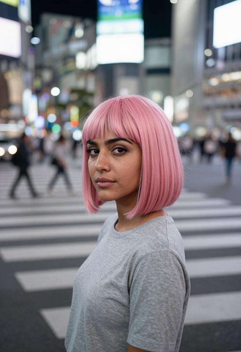 AI lost in translation shibuya pink wig karaoke sample — portrait of a woman, a woman in her thirties of Spanish desc