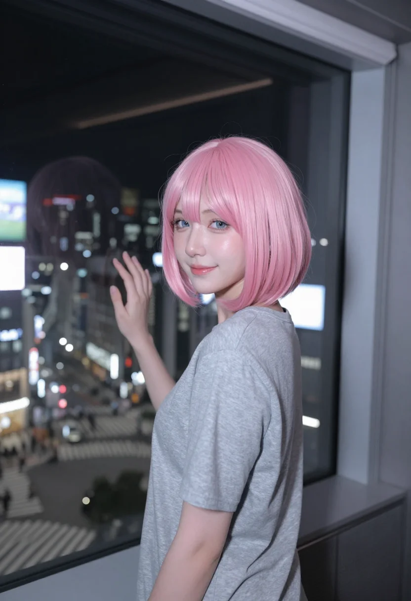 AI lost in translation shibuya pink wig karaoke sample — portrait of a woman, a woman in her late twenties of Swedish
