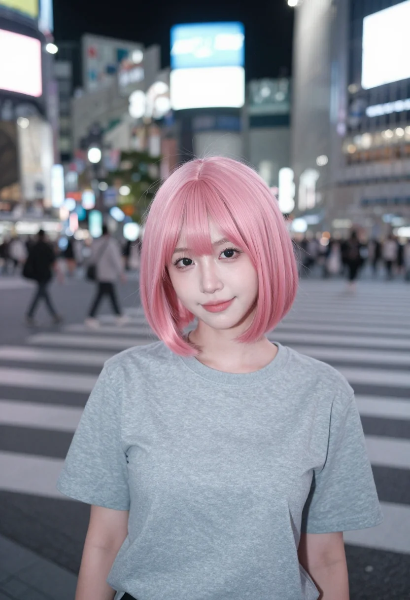 AI lost in translation shibuya pink wig karaoke sample — portrait of a woman, a woman in her twenties of Korean desce