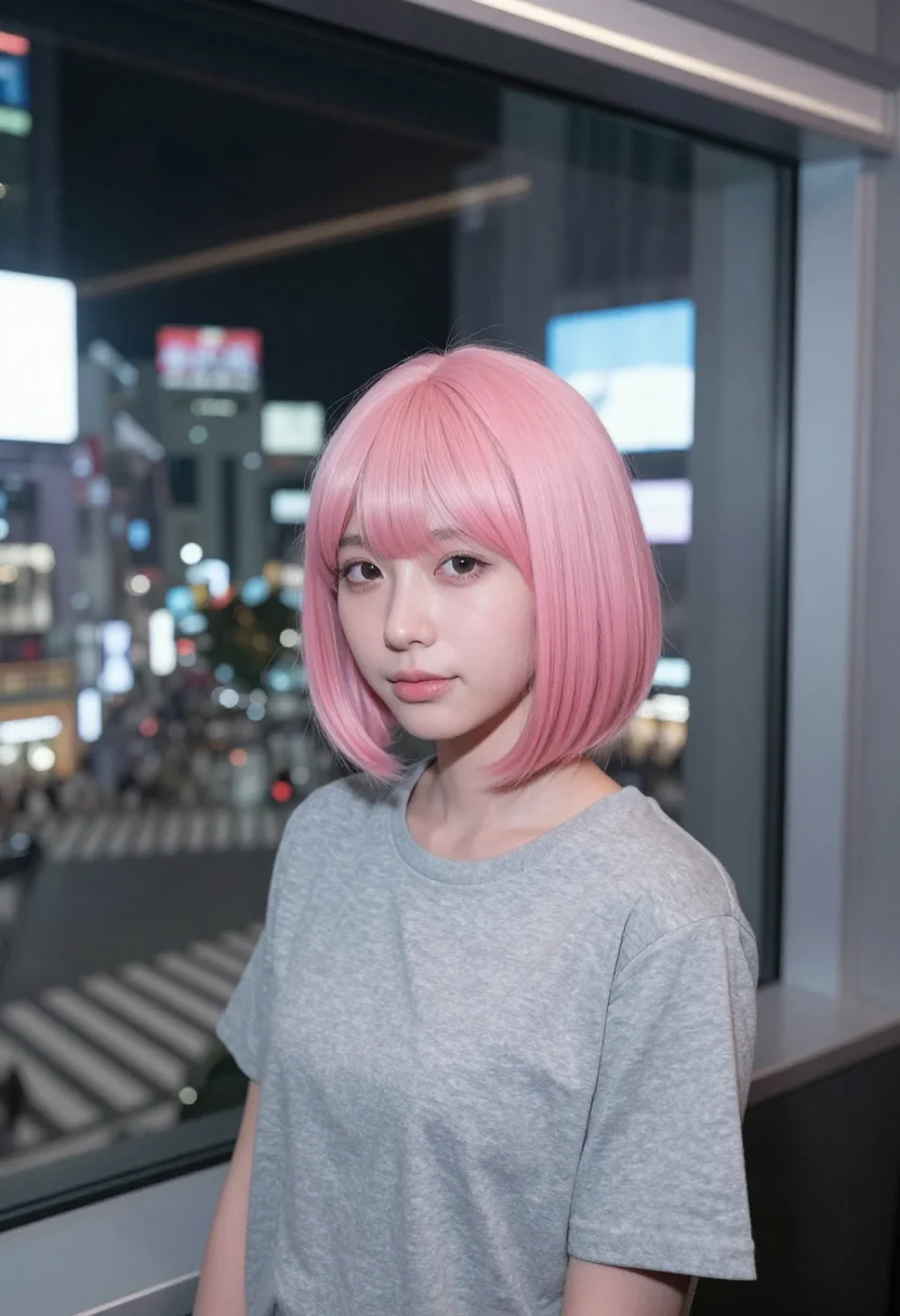 AI lost in translation shibuya pink wig karaoke sample — portrait of a woman, a woman in her mid-twenties of Japanese