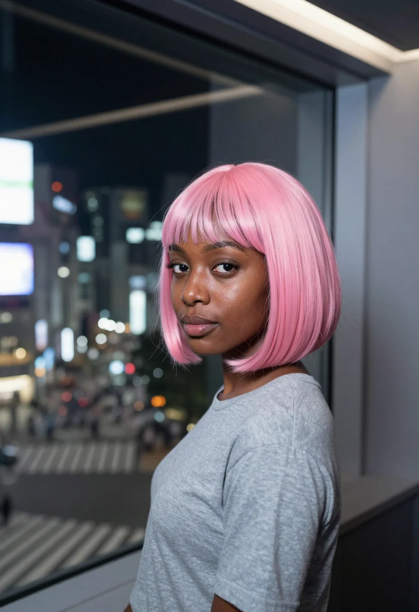 AI lost in translation shibuya pink wig karaoke sample — portrait of a woman, a woman in her thirties of Nigerian des