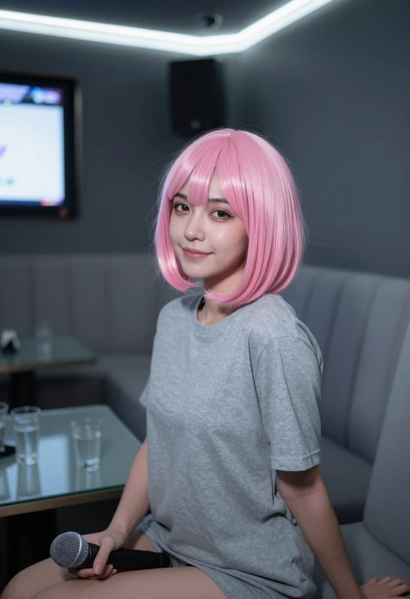AI lost in translation shibuya pink wig karaoke sample — portrait of a woman, a woman in her mid-twenties of Italian