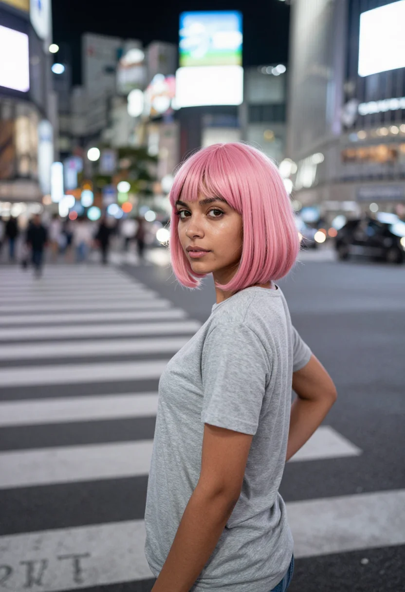 AI lost in translation shibuya pink wig karaoke sample — portrait of a woman, a woman in her early thirties of Brazil