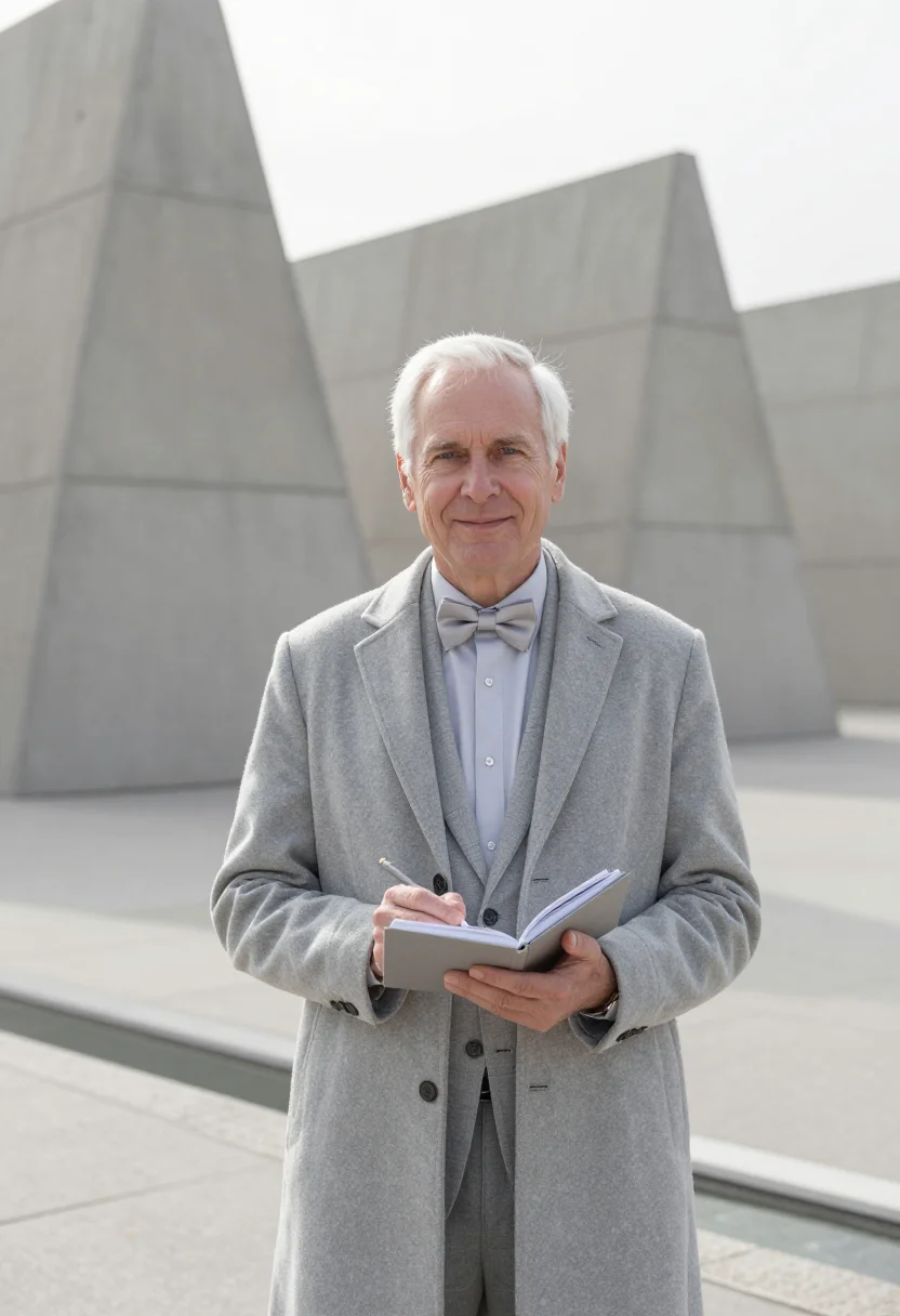 AI louis kahn salk january concrete sample — portrait of a man, framed half-length from the head to the w