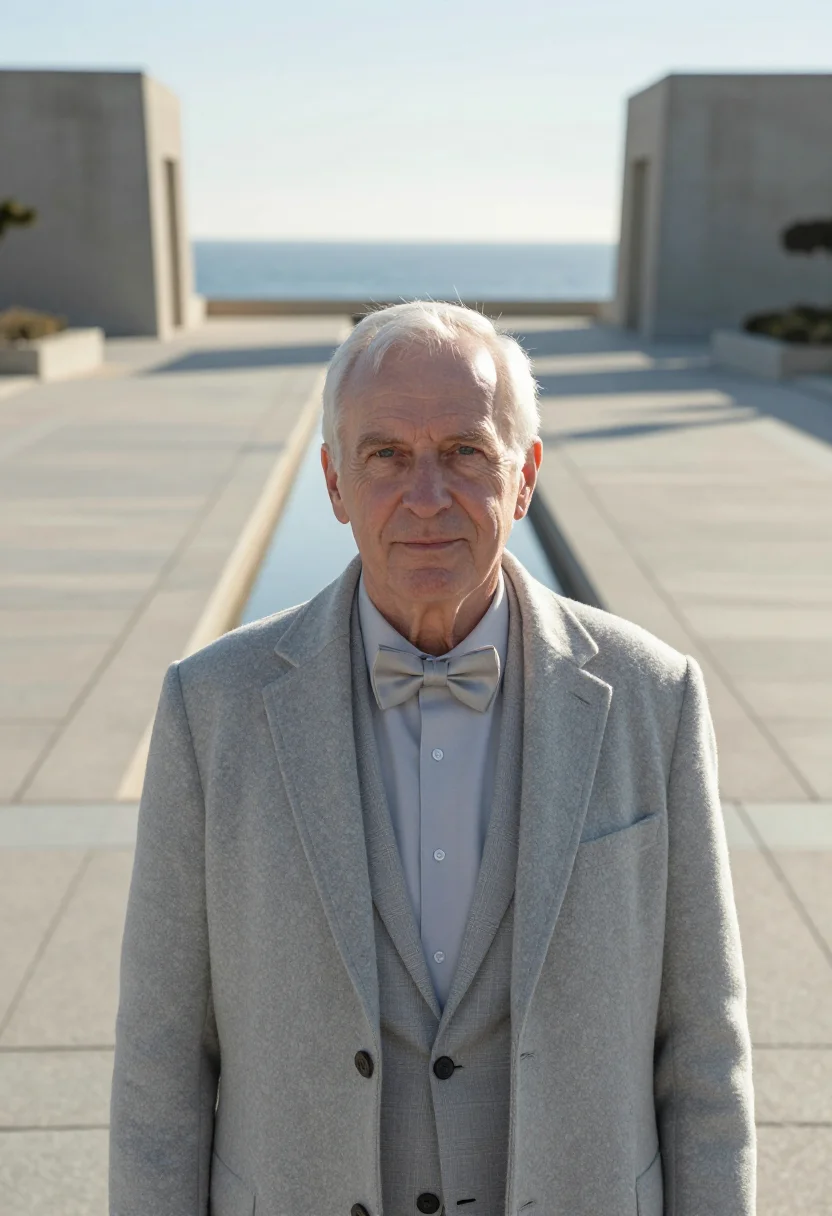 AI louis kahn salk january concrete sample — portrait of a man, framed tight, head and shoulders, the bod
