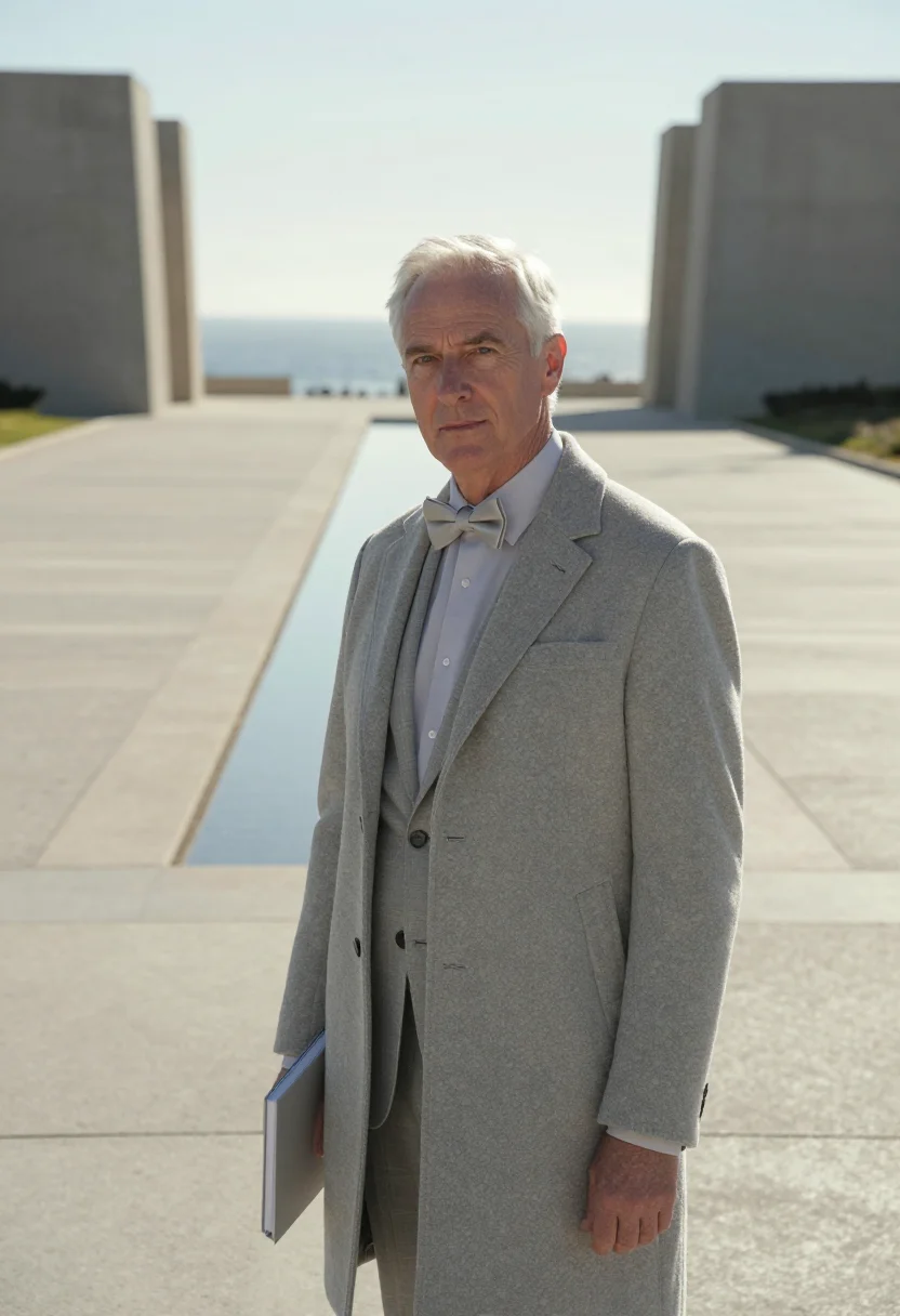AI louis kahn salk january concrete sample — portrait of a man, framed chest-up, cropped at the ribs, the