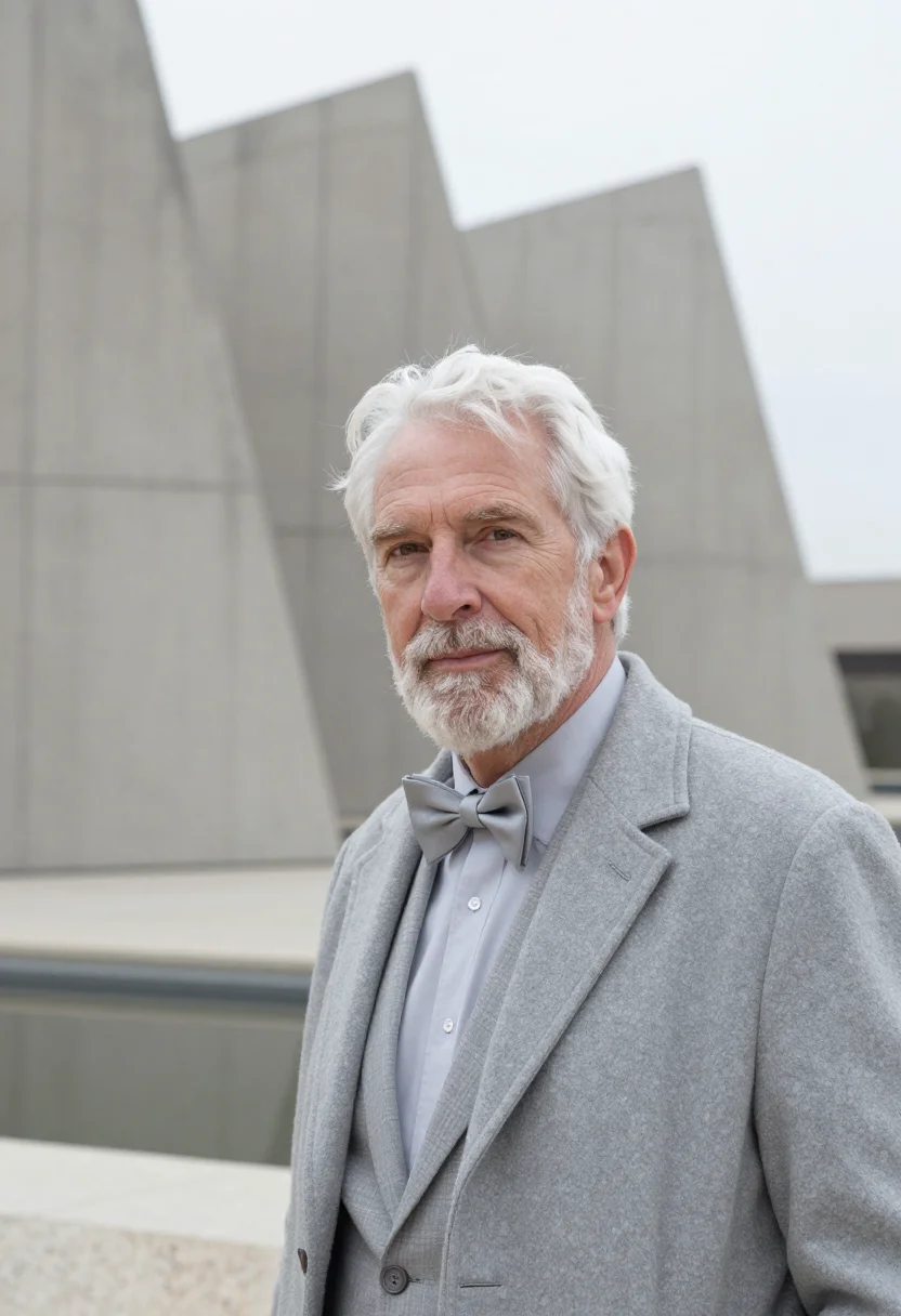 AI louis kahn salk january concrete sample — portrait of a man, framed tight, head and shoulders, the bod