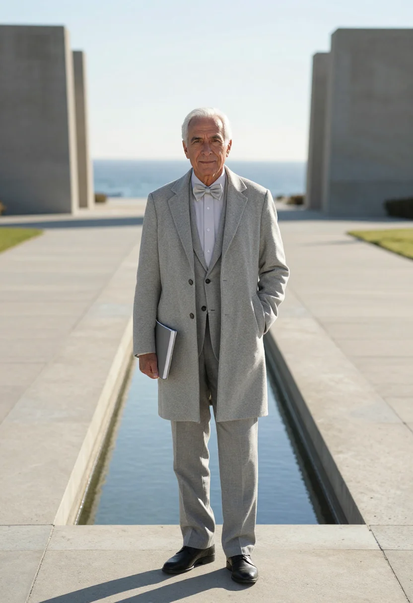 AI louis kahn salk january concrete sample — portrait of a man, framed full length from the head to the s