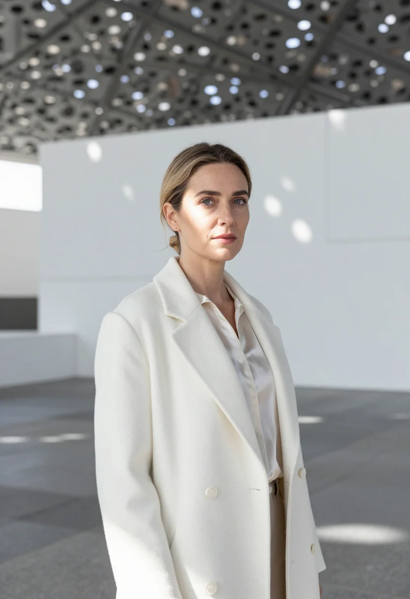 AI louvre abu dhabi curator rain of light sample — portrait of a woman, a curator in her forties of French desc