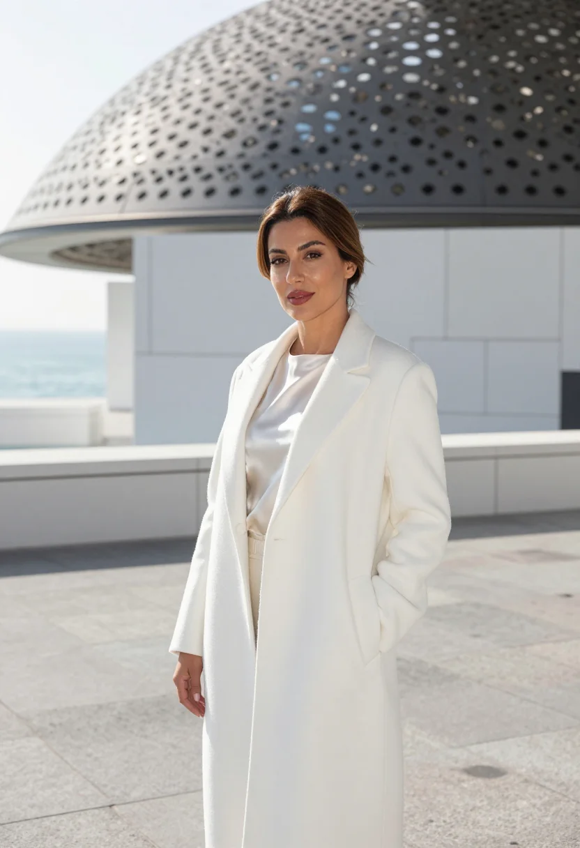 AI louvre abu dhabi curator rain of light sample — portrait of a woman, a curator in her thirties of Jordanian