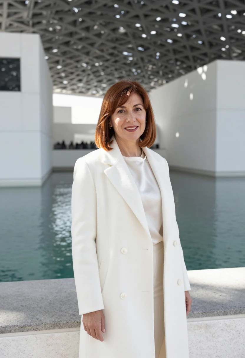 AI louvre abu dhabi curator rain of light sample — portrait of a woman, a curator in her fifties of Italian des